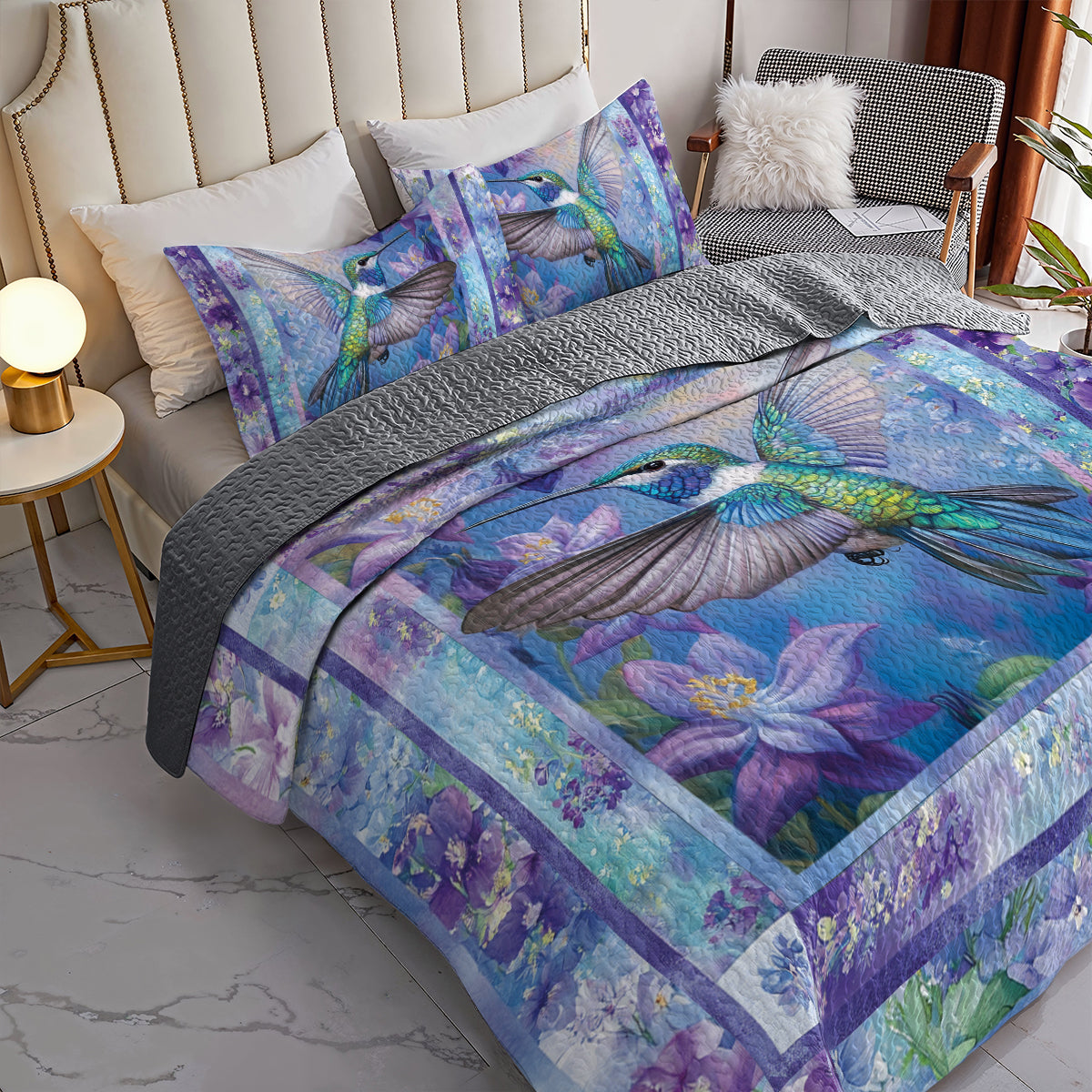 Shineful All Season Quilt 3-Piece Set Hummingbird & Purple Lilac