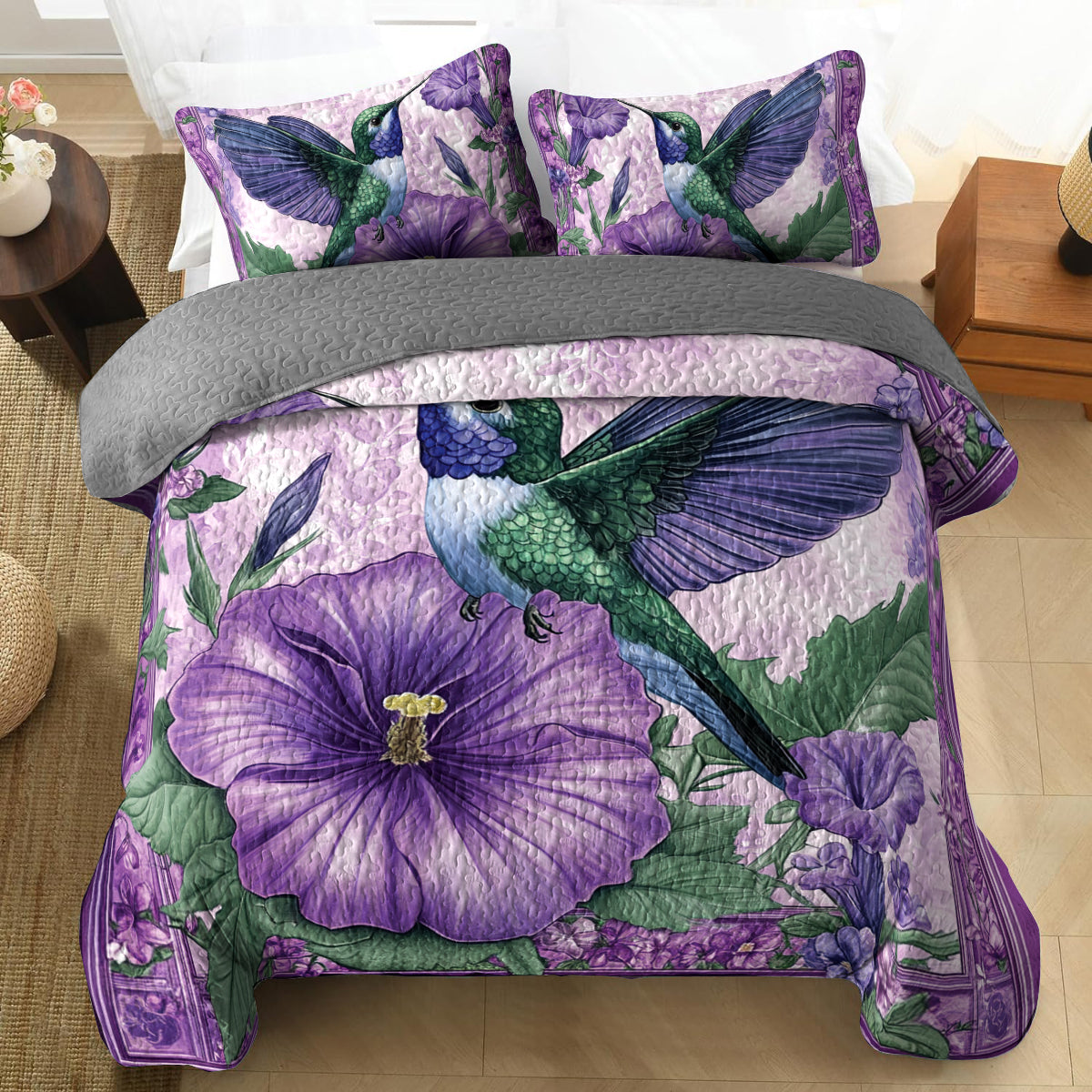 Shineful All Season Quilt 3-Piece Set Purple Hummingbird Harmony