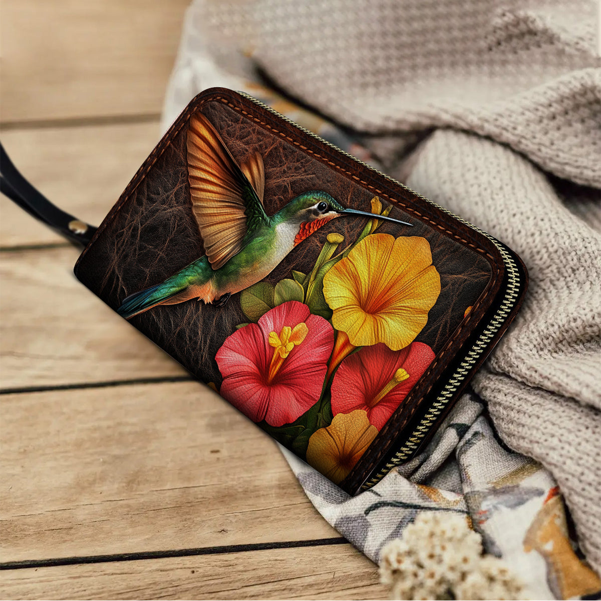 Shineful Leather Clutch Purse With Wristlet Strap Handle Tropical Hummingbird