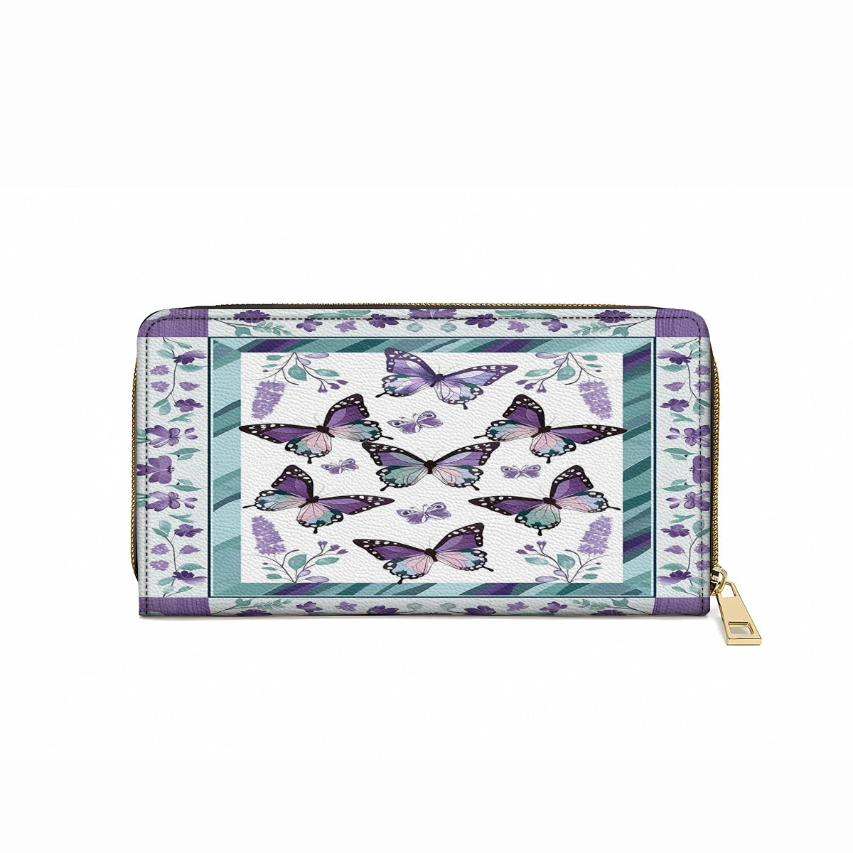 Glänzende Leder Clutch mit Trageriemen, Lila Schmetterling &amp; Blumen