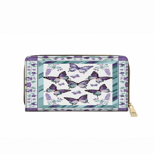 Pochette en cuir brillant avec dragonne et poignée papillon violet et floral