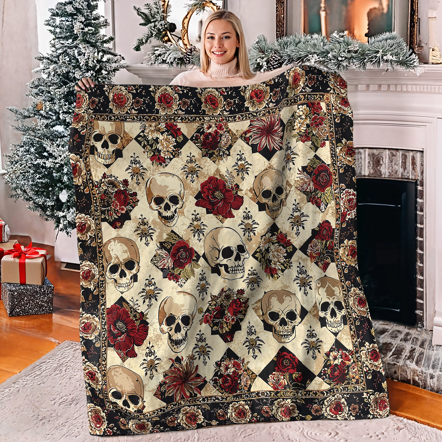 Shineful Fleece Blanket Elegant Skull Roses