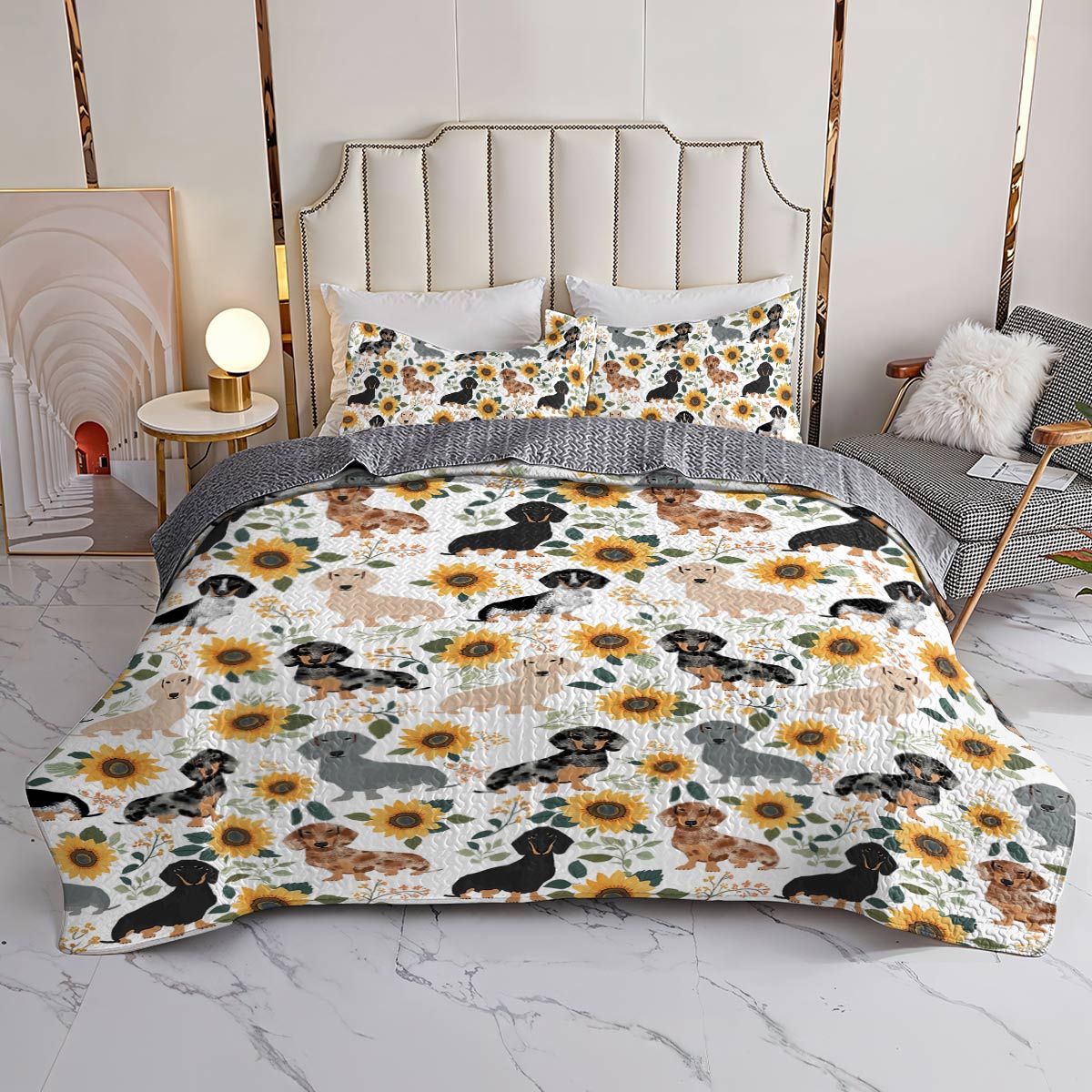 Shineful All Season Quilt 3-teiliges Set – Dackel und Sonnenblumen 