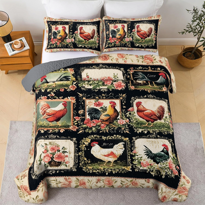 Shineful All Season Quilt 3-Piece Set Floral Graceful Chickens