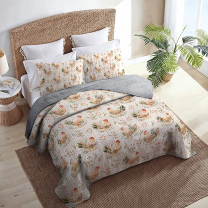 Shineful All Season Quilt 3-Piece Set - Botanical Chicken Garden