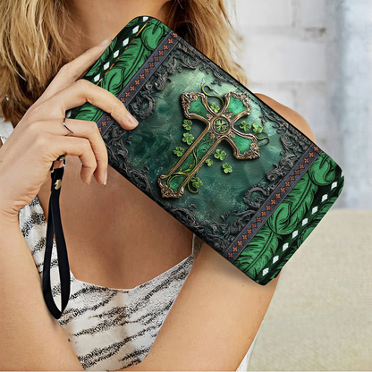 Shineful Leather Clutch Purse With Wristlet Strap Handle Emerald Faith