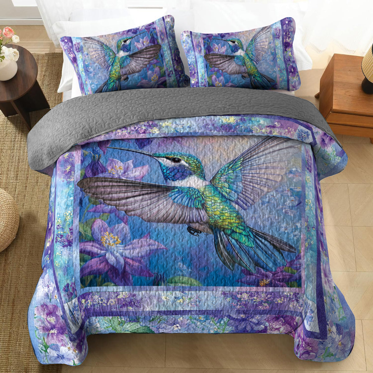 Shineful All Season Quilt 3-Piece Set Hummingbird & Purple Lilac