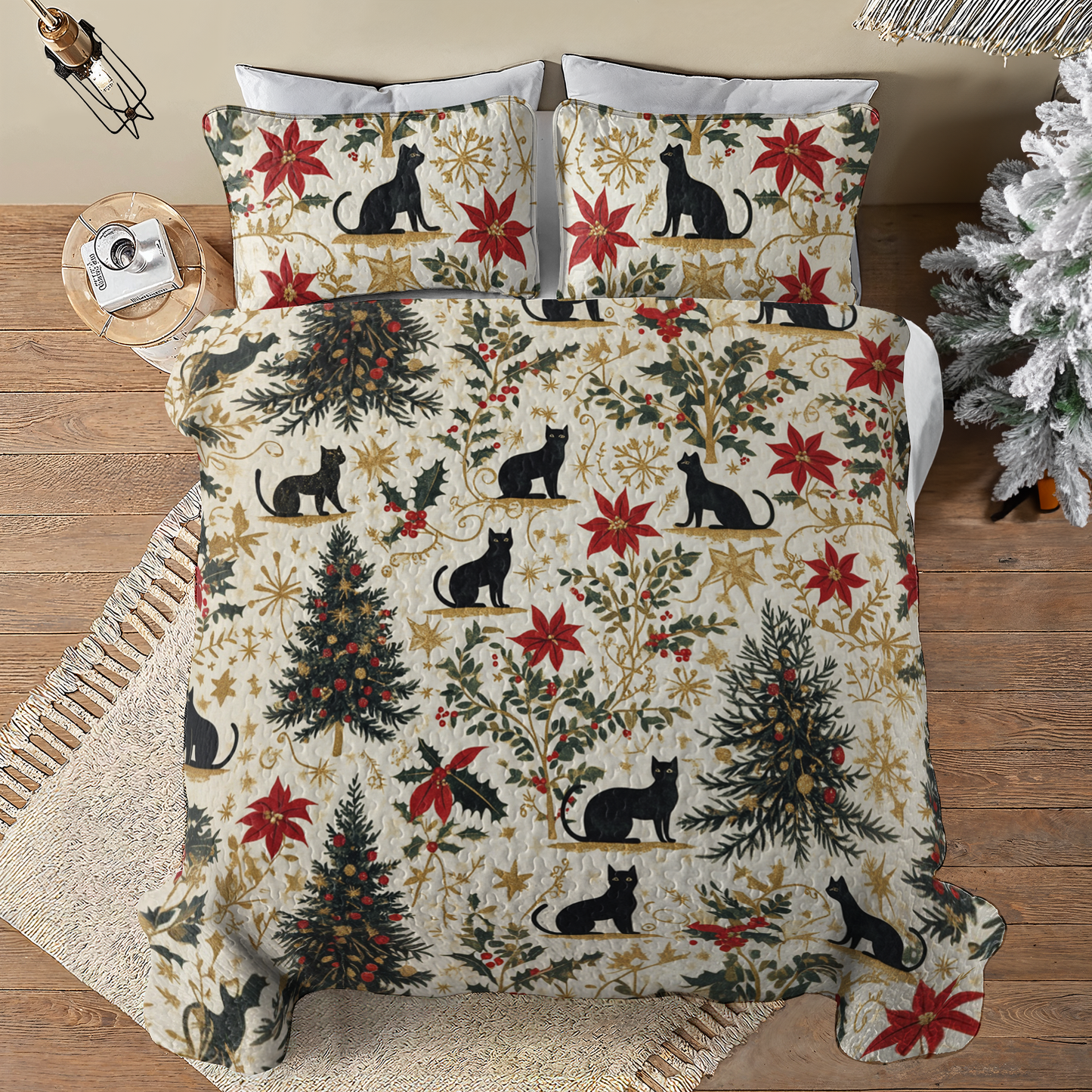 Shineful All Season Quilt 3-Piece Set Lady Black Cats Christmas