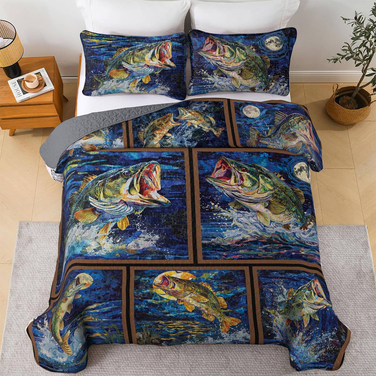 Shineful All Season Quilt 3-Piece Set The Sun The Moon Largemouth Bass