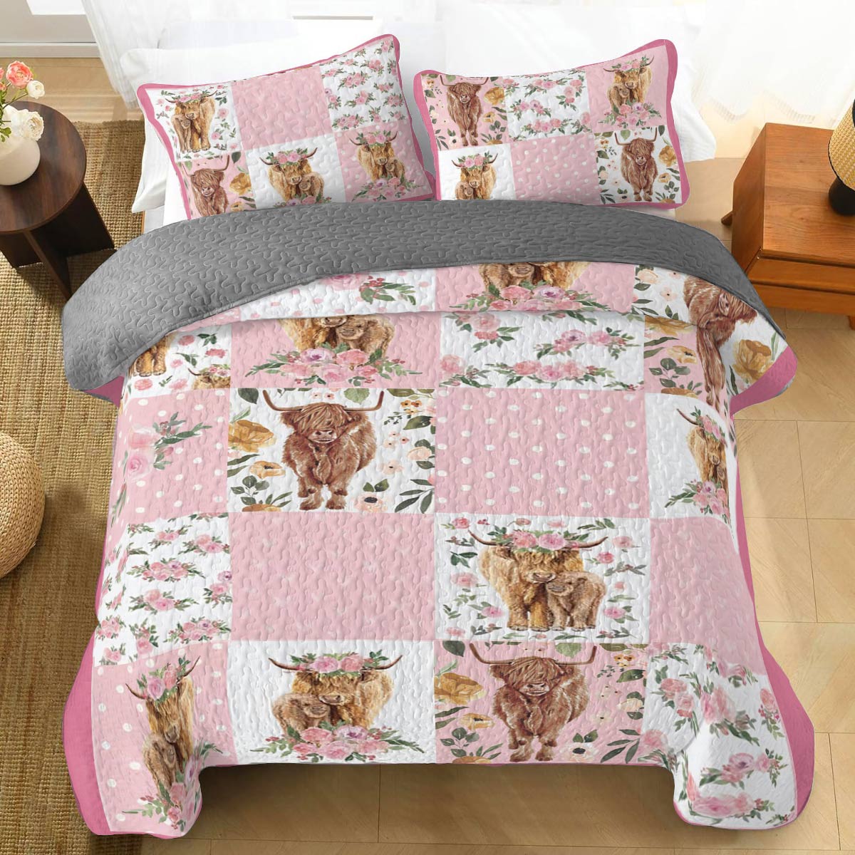 Shineful All Season Quilt 3-Piece Set Pink Cows