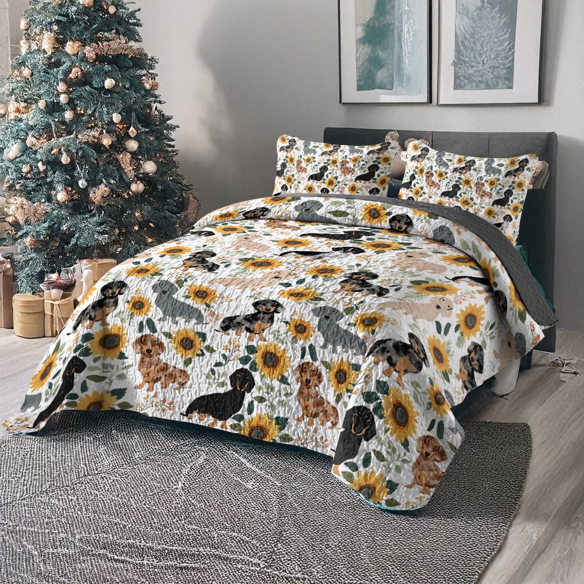 Shineful All Season Quilt 3-teiliges Set – Dackel und Sonnenblumen 