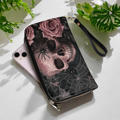 Shineful Leather Clutch Purse With Wristlet Strap Handle Eternal Bloom Skull