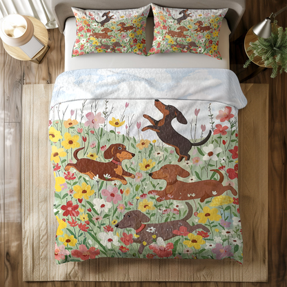 Shineful All Season Quilt 3-teiliges Set mit Dackel im Blumengarten 