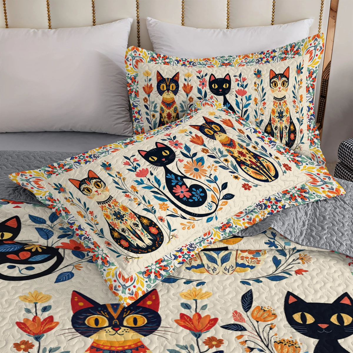 Shineful All Season Quilt 3-Piece Set - Purr-fectly Floral Cat