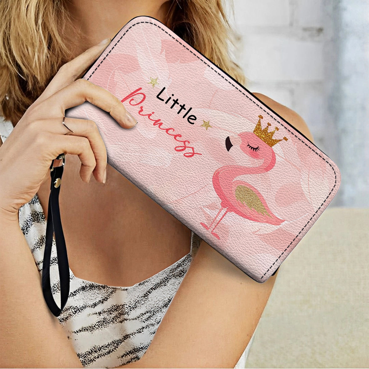 Shineful Leather Clutch Purse With Wristlet Strap Handle Little Princess Flamingo