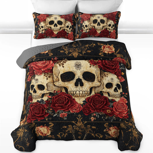 Shineful All Season Quilt 3-Piece Set Gothic Night Rose Skulls