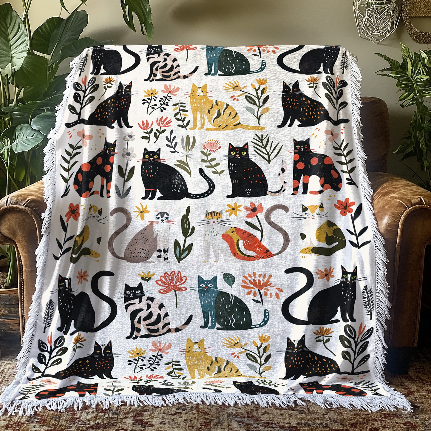 Shineful Woven Tapestry Throw Blanket - Botanical Cat Bliss