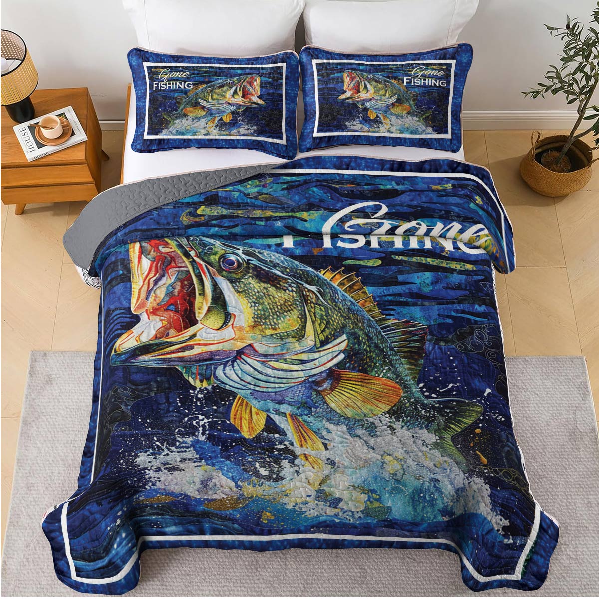 Shineful All Season Quilt 3-Piece Set Gone Fishing Largemouth Bass