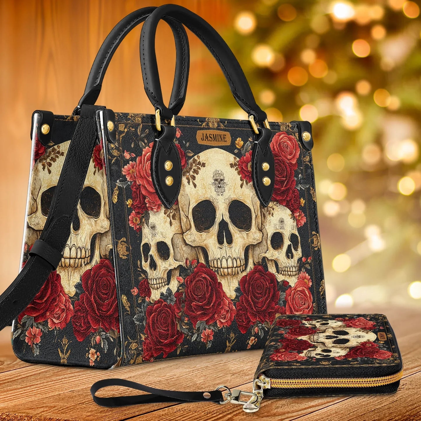 Glänzende Ledertasche Skull And Roses Luxe