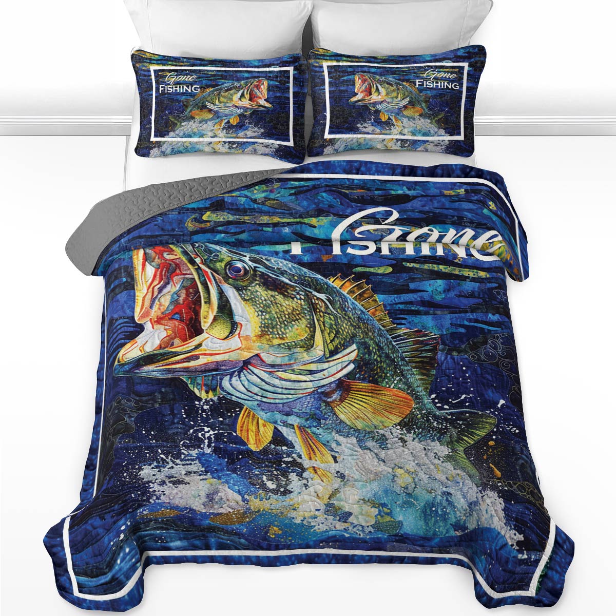 Shineful All Season Quilt 3-Piece Set Gone Fishing Largemouth Bass