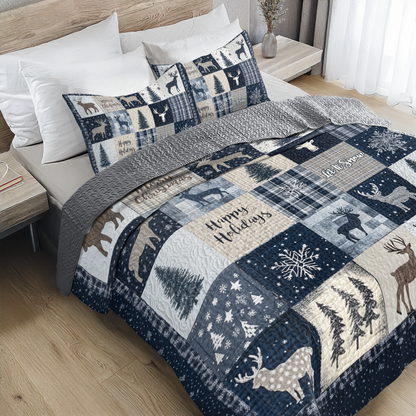 Shineful All Season Quilt 3-Piece Set - Navy Reindeer Wonderland