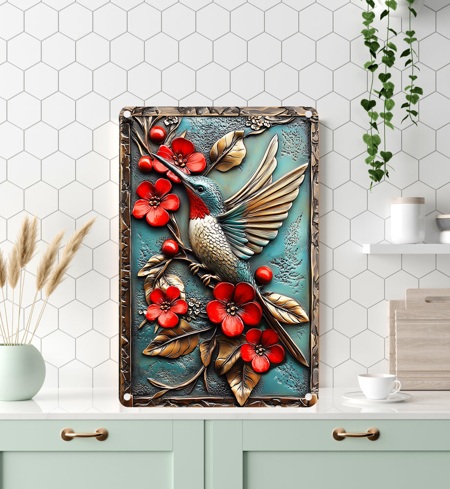 Shineful 2D Metal Sign Charming Floral Hummingbird