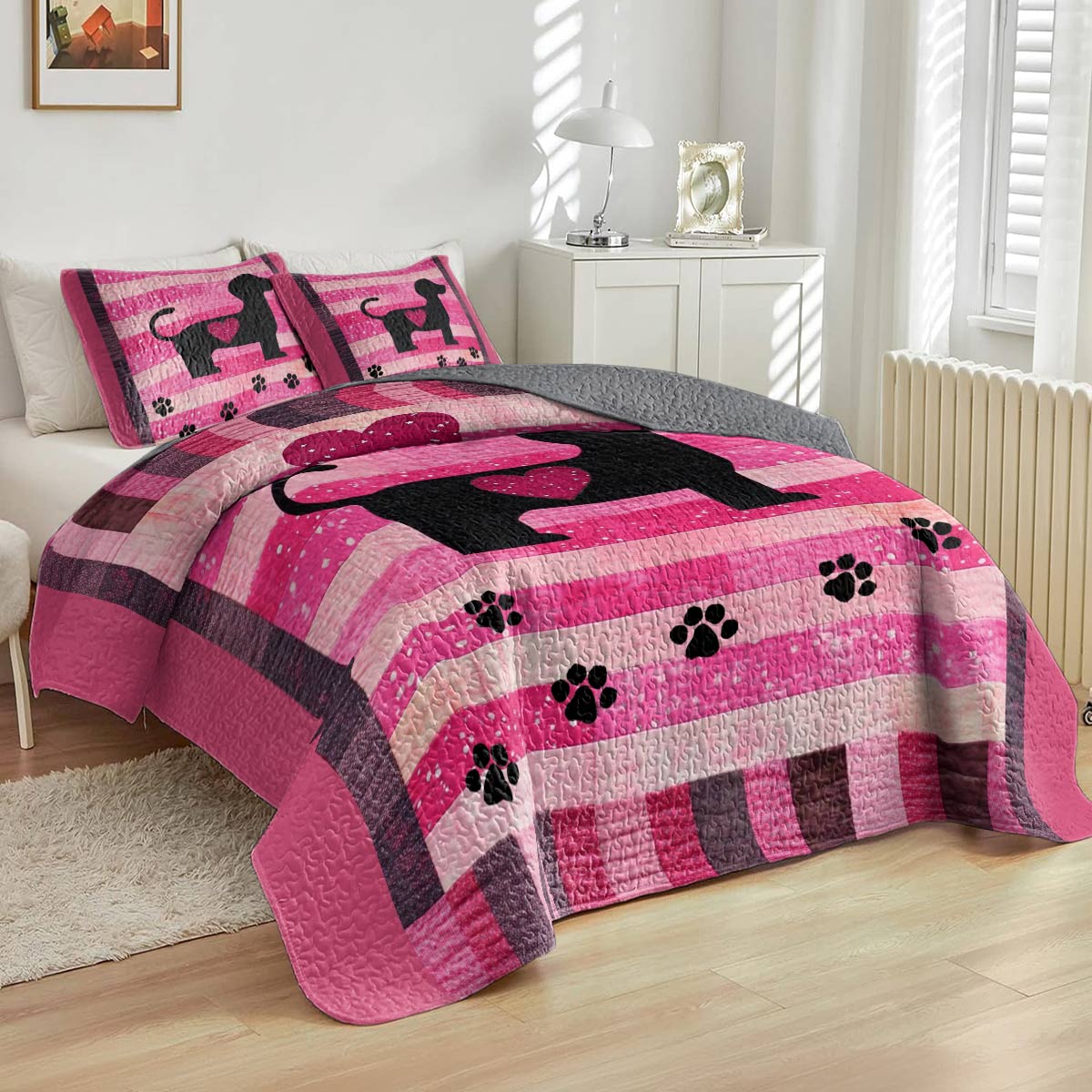 Shineful All Season Quilt 3-Piece Set Pink Dachshund