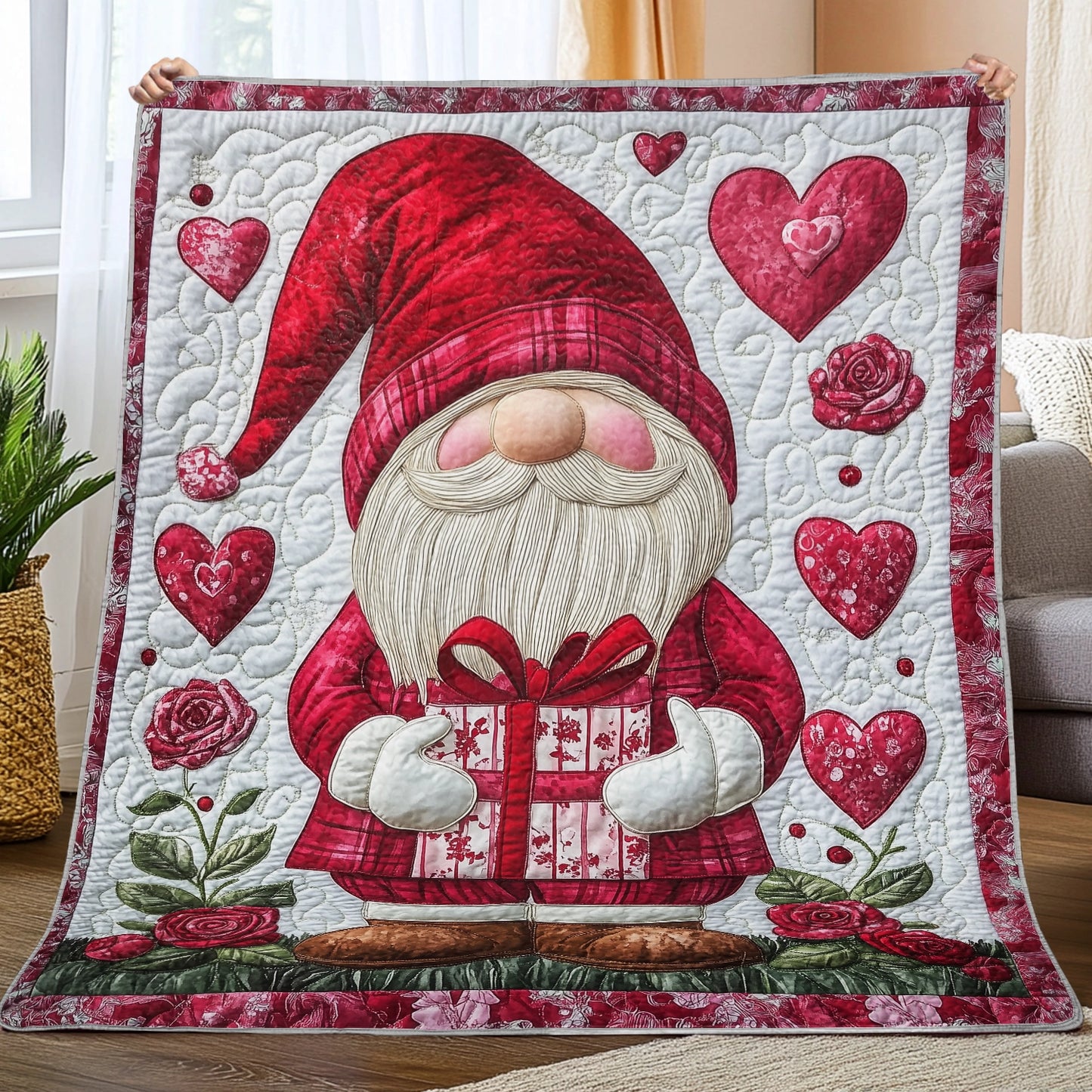 Shineful Flat Print Faux Quilt Blanket - Valentine's Day Gnome with Heartfelt Gifts and Roses