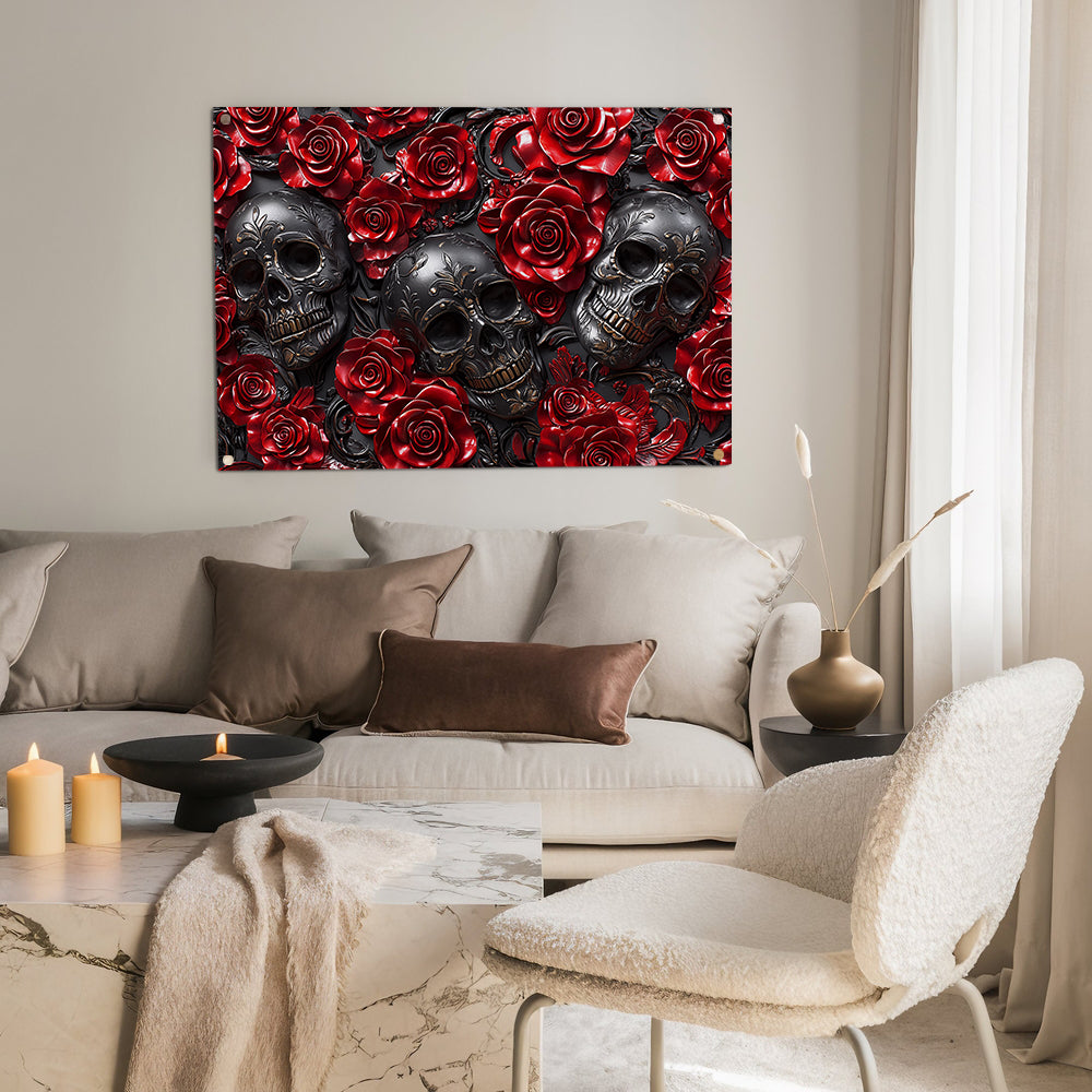 Glänzendes 2D Metallschild Muster Mystery Red Roses Skull