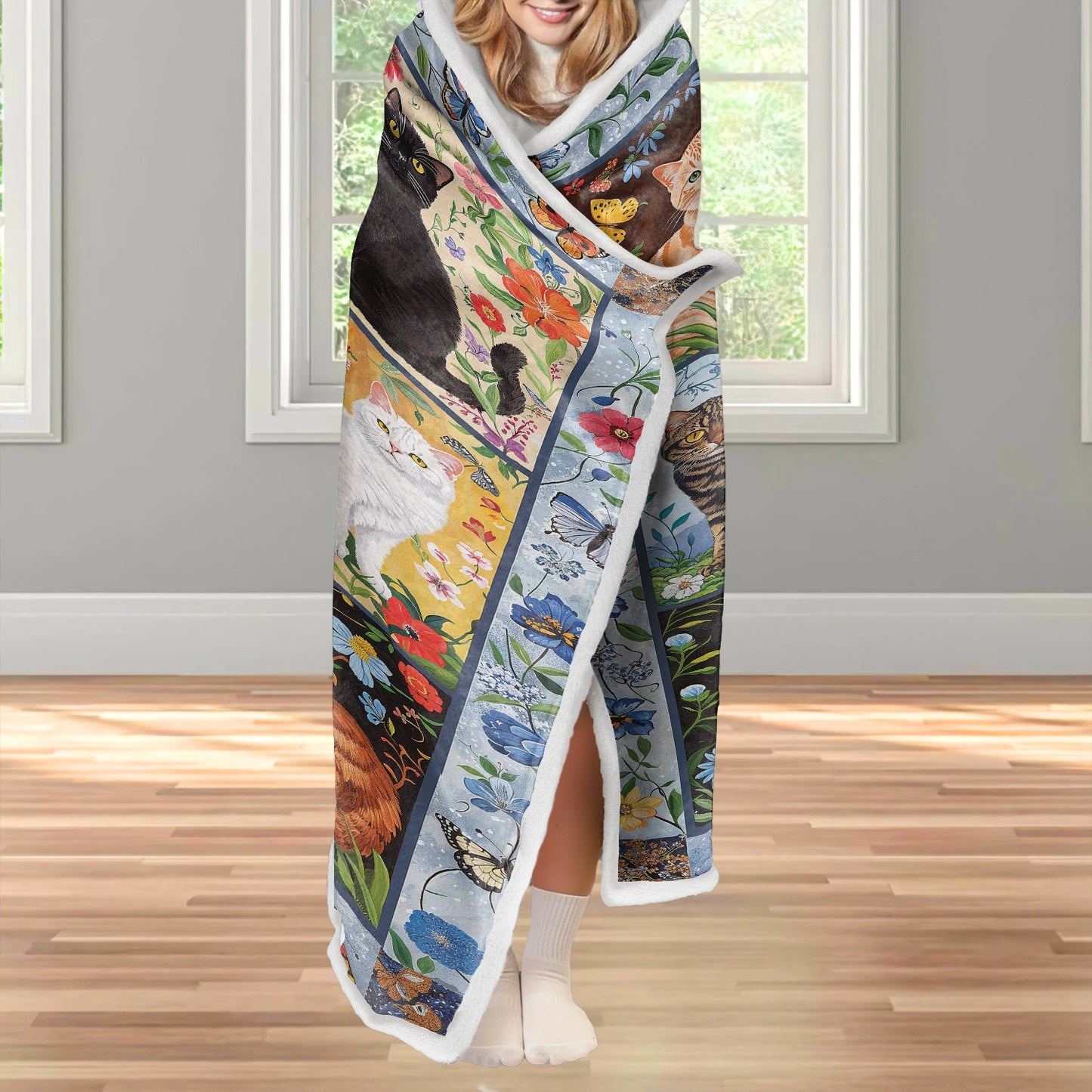 Shineful Wearable Hooded Blanket - Cat Floral Felines