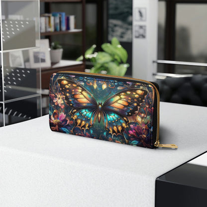 Shineful Leather Clutch Purse With Wristlet Strap Handle Butterfly Twilight Glow