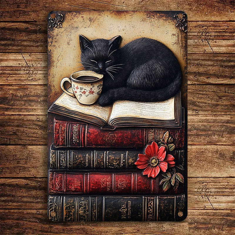 Shineful 2D Metal Sign Vintage Black Cat Books