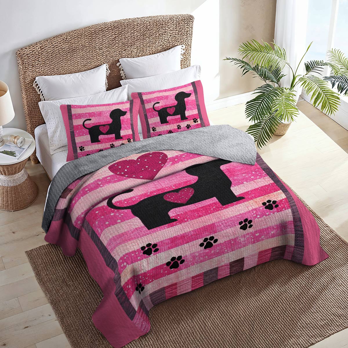 Shineful All Season Quilt 3-Piece Set Pink Dachshund