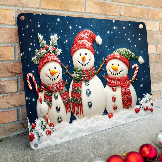 Panneau en métal 2D brillant Winter Friends Bonhomme de neige