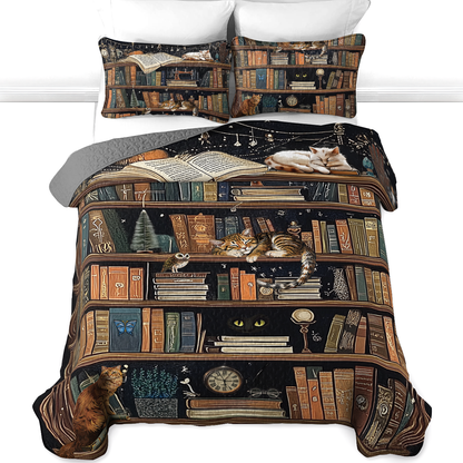 Shineful All Season Quilt 3-Piece Set Purrfect Book Lover Bookshelf