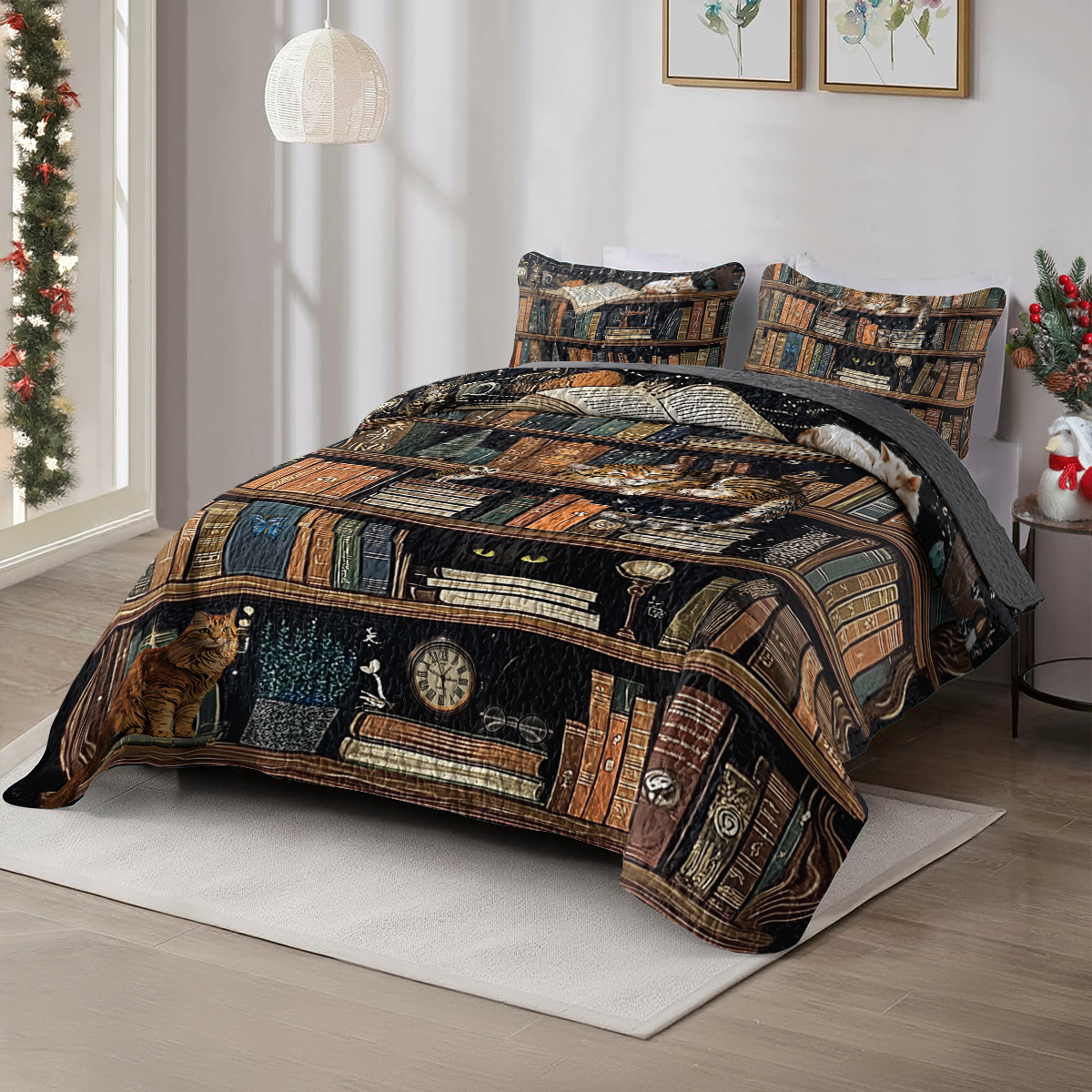 Shineful All Season Quilt 3-Piece Set Purrfect Book Lover Bookshelf