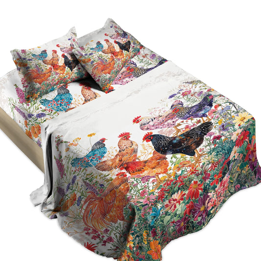 Shineful 4-Piece Bed Sheet Set - Chicken Rooster Garden Bliss