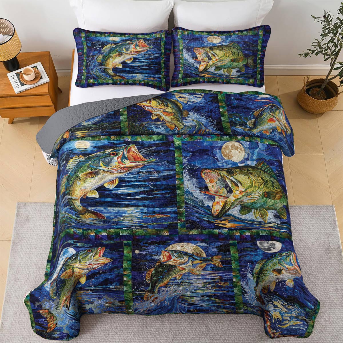 Shineful All Season Quilt 3-Piece Set Vigorous Largemouth Bass On The Moon