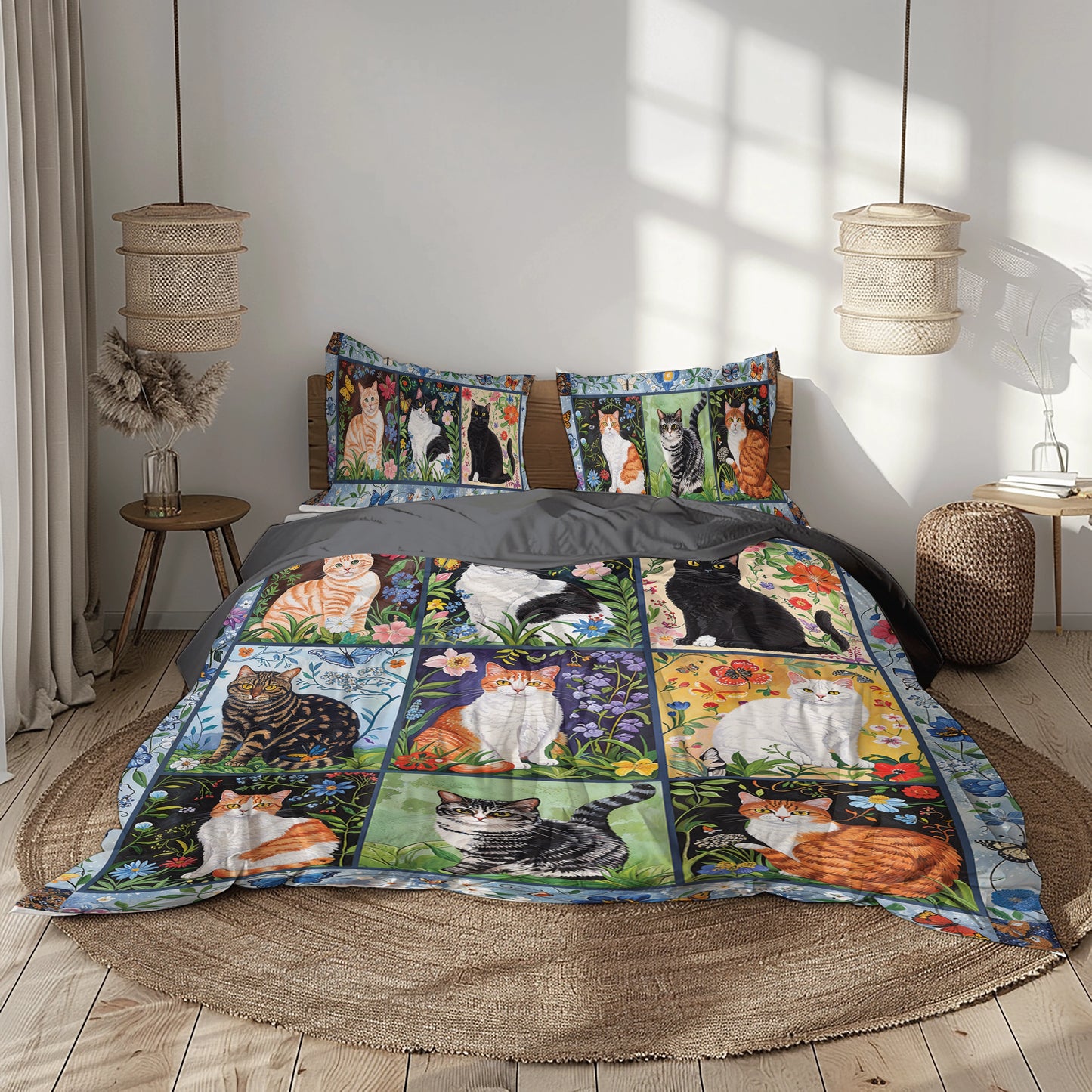 Shineful 3 Pieces Duvet Cover Set Cat Floral Felines