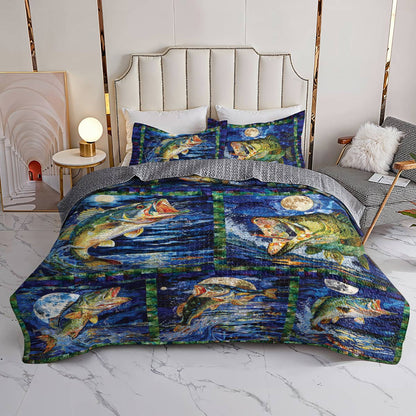 Shineful All Season Quilt 3-Piece Set Vigorous Largemouth Bass On The Moon