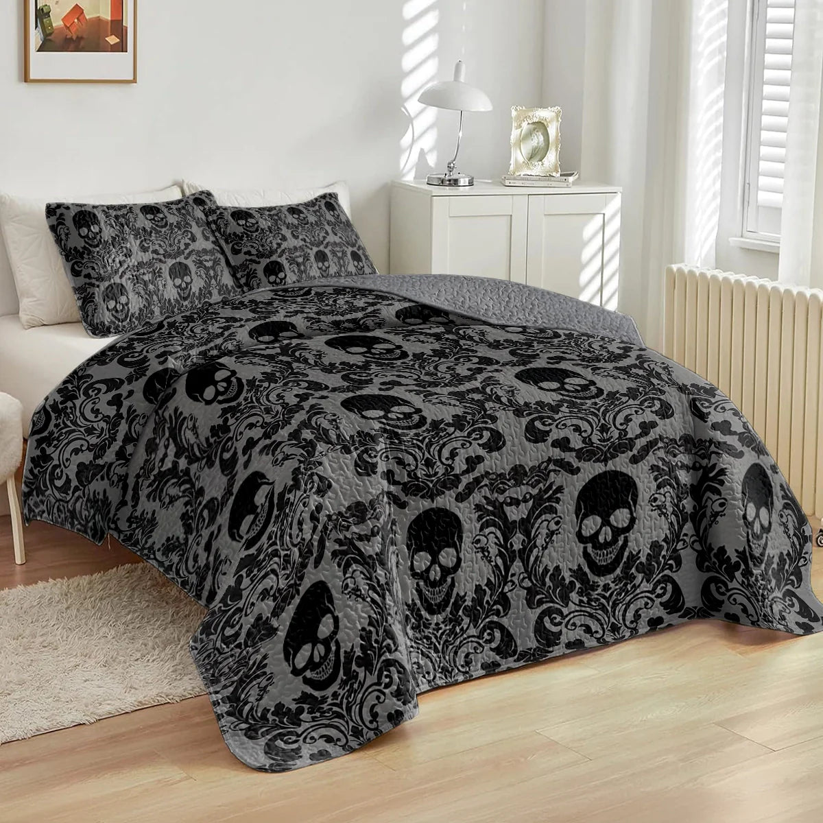 Shineful All Season Quilt 3-Piece Set - Victorian Skull Ornate