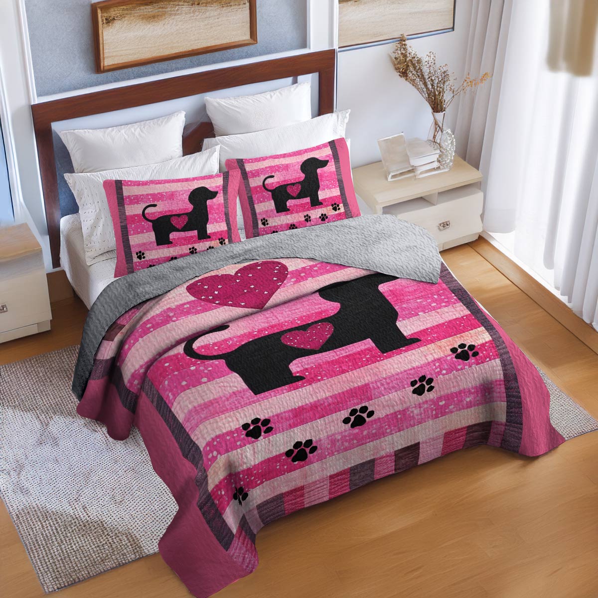 Shineful All Season Quilt 3-Piece Set Pink Dachshund