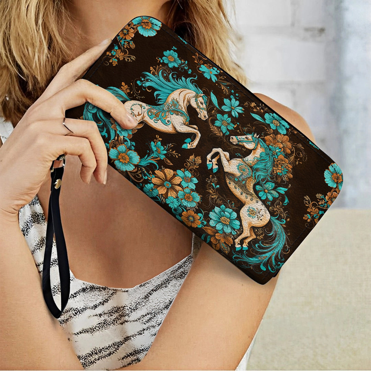 Shineful Leather Clutch Purse With Wristlet Strap Handle Mystic Horse Blossom