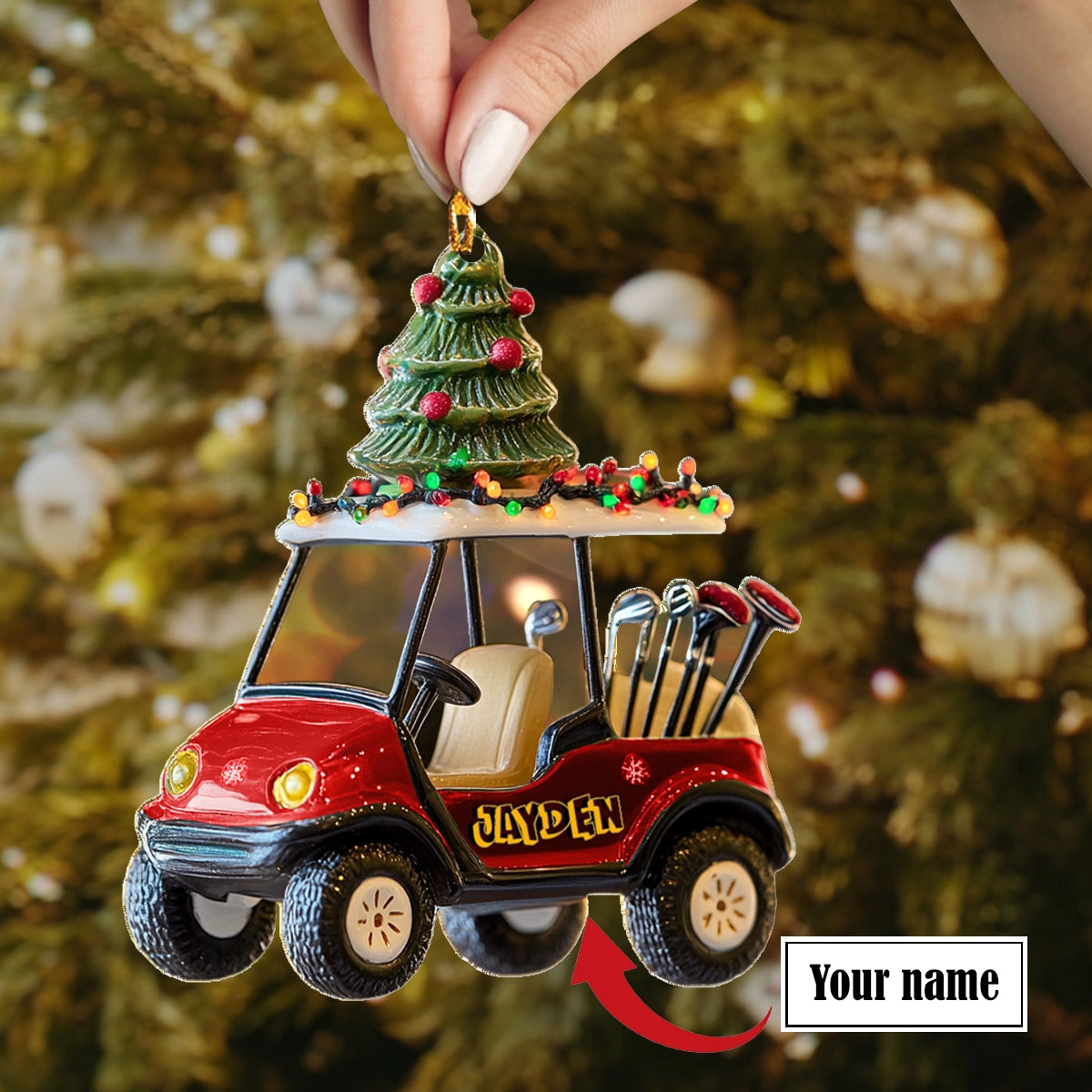 Glänzendes 2D Acryl Ornament - Personalisiertes rotes Golf Cart Weihnachten 