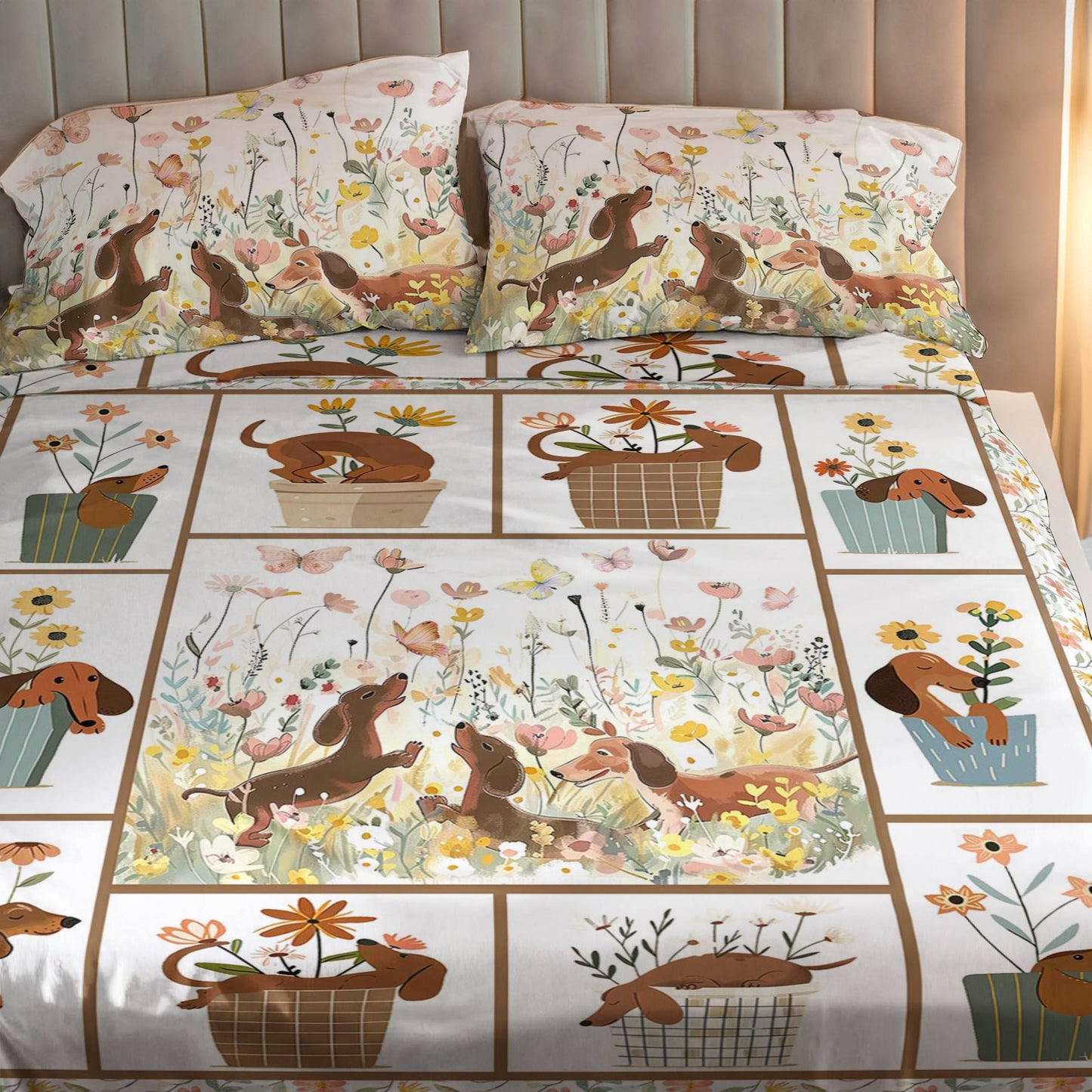 Shineful 4-Piece Bed Sheet Set Beautiful Flowers Dachshunds