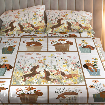 Shineful 4-Piece Bed Sheet Set Beautiful Flowers Dachshunds