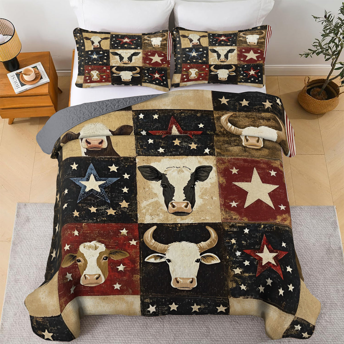 Shineful All Season Quilt 3-Piece Set Rustic Cows