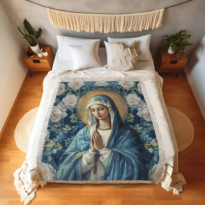 Shineful Woven Tapestry Throw Blanket Virgin Mary Floral Devotion