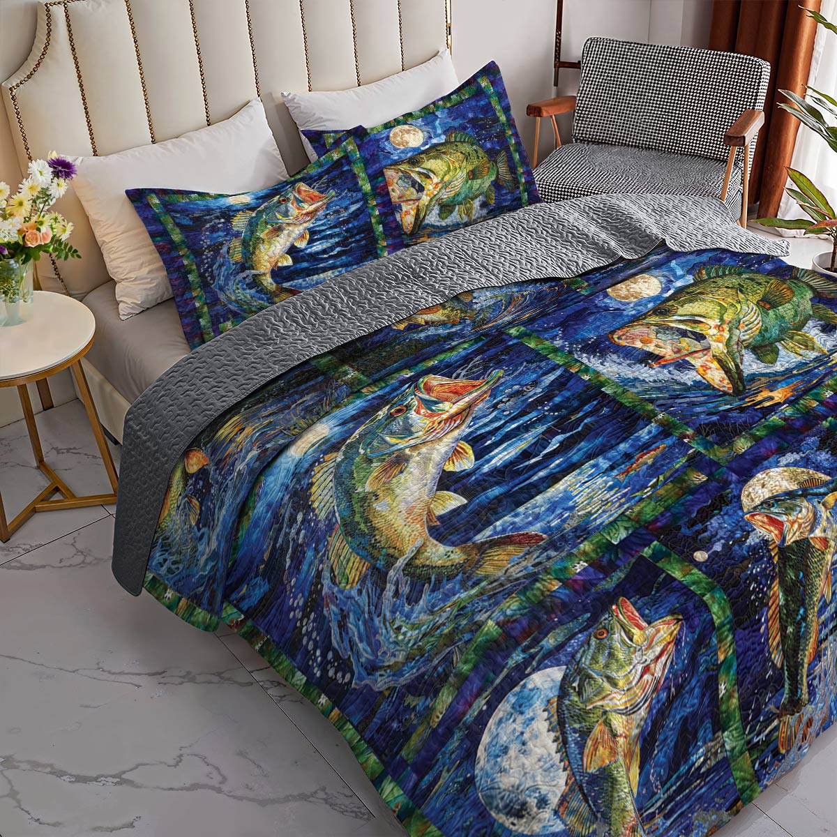 Shineful All Season Quilt 3-Piece Set Vigorous Largemouth Bass On The Moon