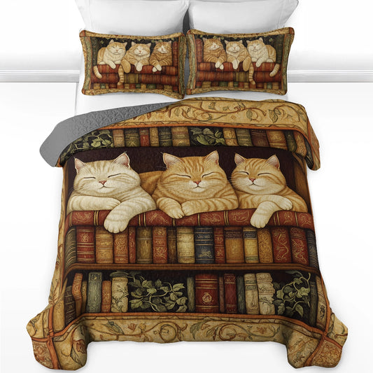 Shineful All Season Quilt 3-Piece Set - Books and Cats Comfort